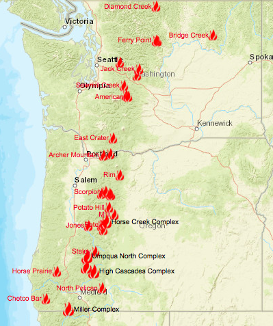 This map from the Northwest Interagency Coordination shows fires in the region.
