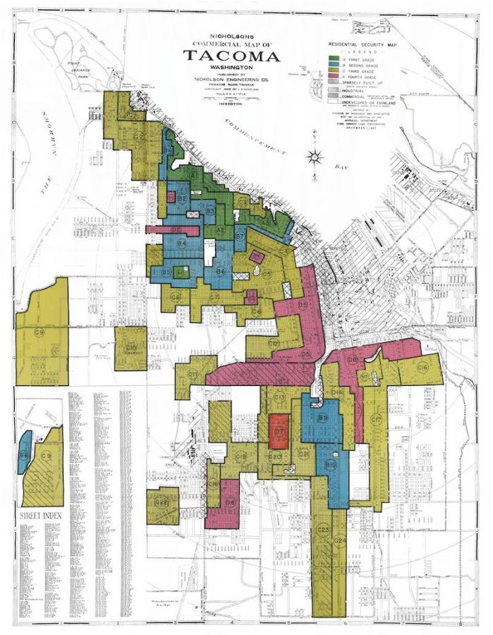 1937 map of redlined Tacoma from the Mapping Inequality online archive. Following the New Deal, banks created these maps of cities to outline the risk involved in providing loans to each neighborhood. This was explicitly determined by the racial demographic of those living there. Neighborhoods with high amounts of people of color were labeled with red for high risk. This meant that those living there could not access loans to purchase their homes or businesses. Hilltop has historically been one of those neighborhoods.